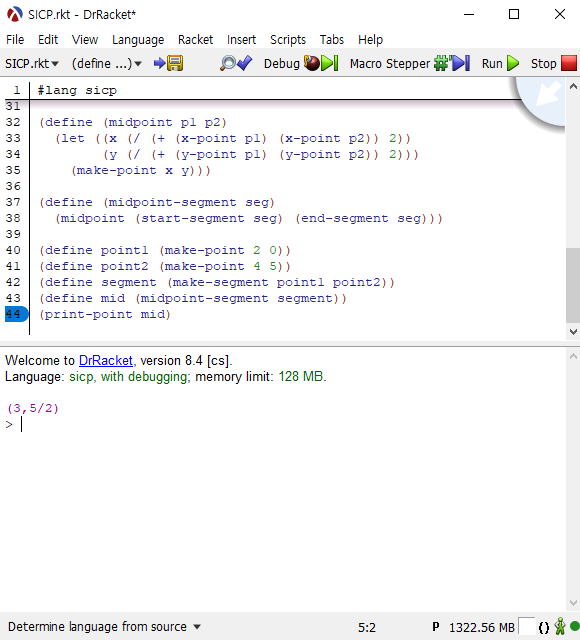 (2,0)과 (4,5)의 중점인 (3,2.5)